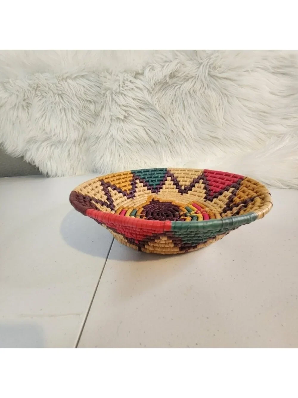 Vintage Indigenous Woven Basket Bowl Boho Home Decor Star Sun Colourful Round